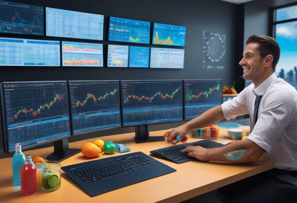 A dynamic trading desk with dual monitors displaying market graphs and charts, surrounded by refreshing water bottles and fruit-infused hydration options. Include a trader focused on the screens, with a slight smile showing confidence, and a digital clock in the background indicating a busy trading hour. Bright, energetic color scheme representing both finance and health. super-realistic. vibrant colors. 3D.