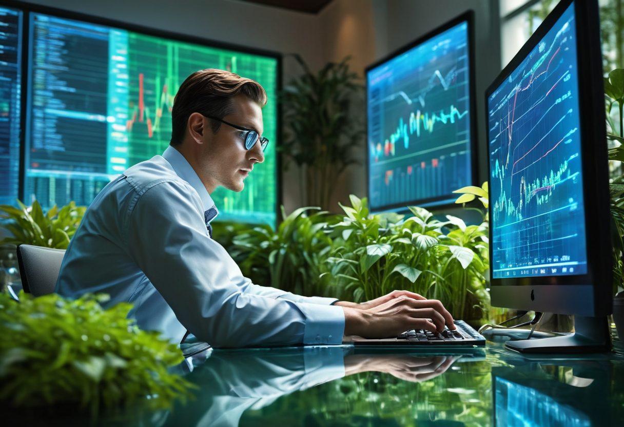 A dynamic scene of a trader at a digital workstation surrounded by vibrant green plants and a tall glass of water, symbolizing hydration. The background features abstract stock market graphs and data streams, emphasizing performance improvement. Soft light filters through, creating a refreshing atmosphere that conveys clarity and focus. super-realistic. vibrant colors. digital art.