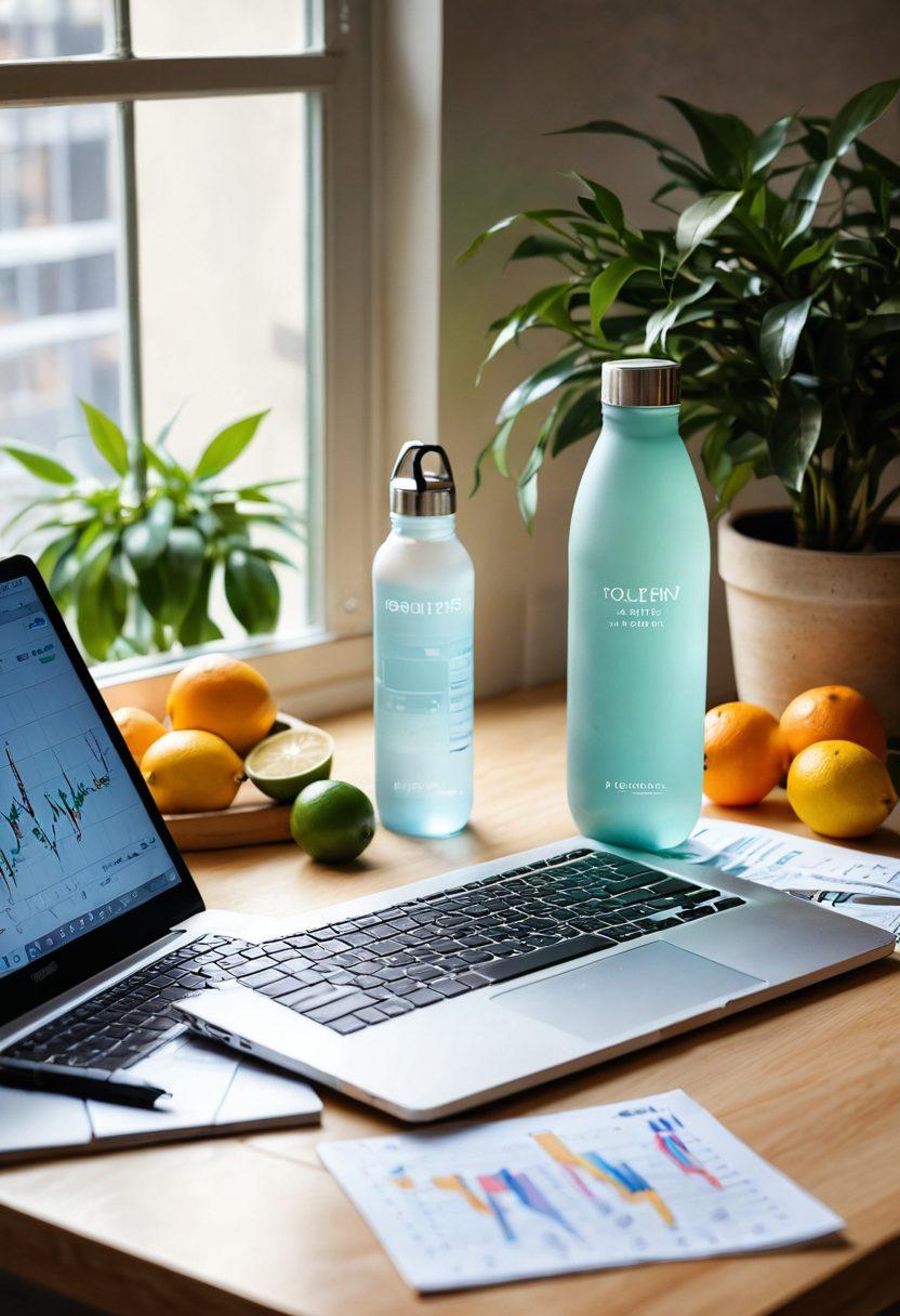 A vibrant workspace featuring a stylish water bottle alongside a laptop and stock market charts, emphasizing hydration amidst trading hustle. Include fresh fruits like citrus for zest and a calming green plant for balance, symbolizing vitality and focus. Soft sunlight streaming through a window for an energizing effect. super-realistic. vibrant colors. warm lighting.
